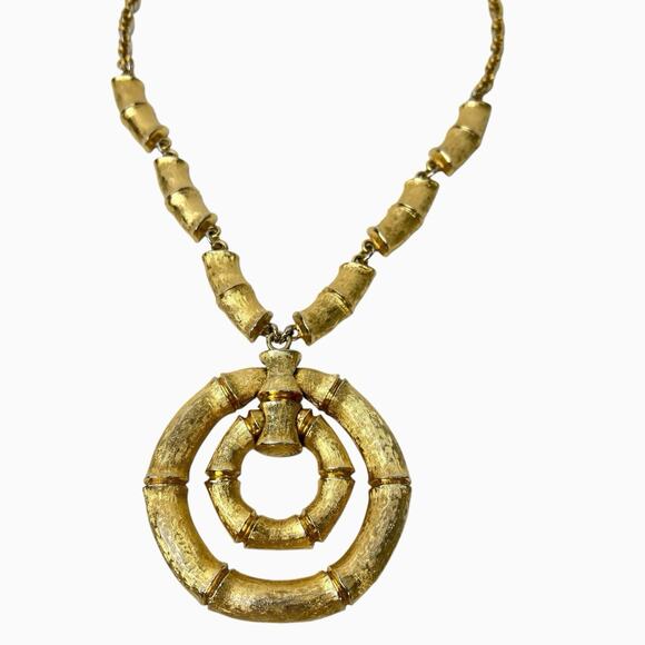 Napier Bamboo Door Knocker Necklace Earrings Set Brushed Gold Tone Signed - Picture 2 of 16